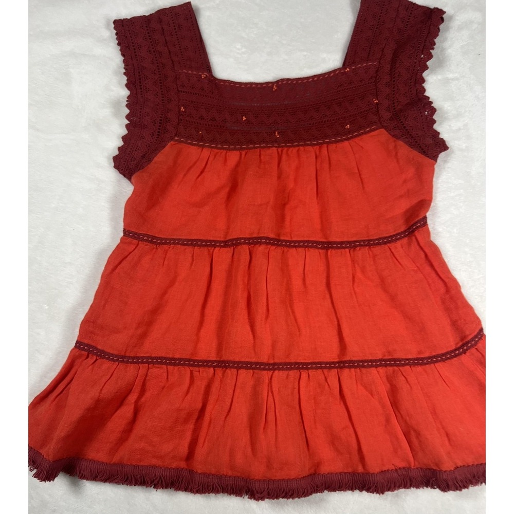 Dress Womens XS Orange Red Colorblock Lace Boho Square Neck Sundress Tiered
